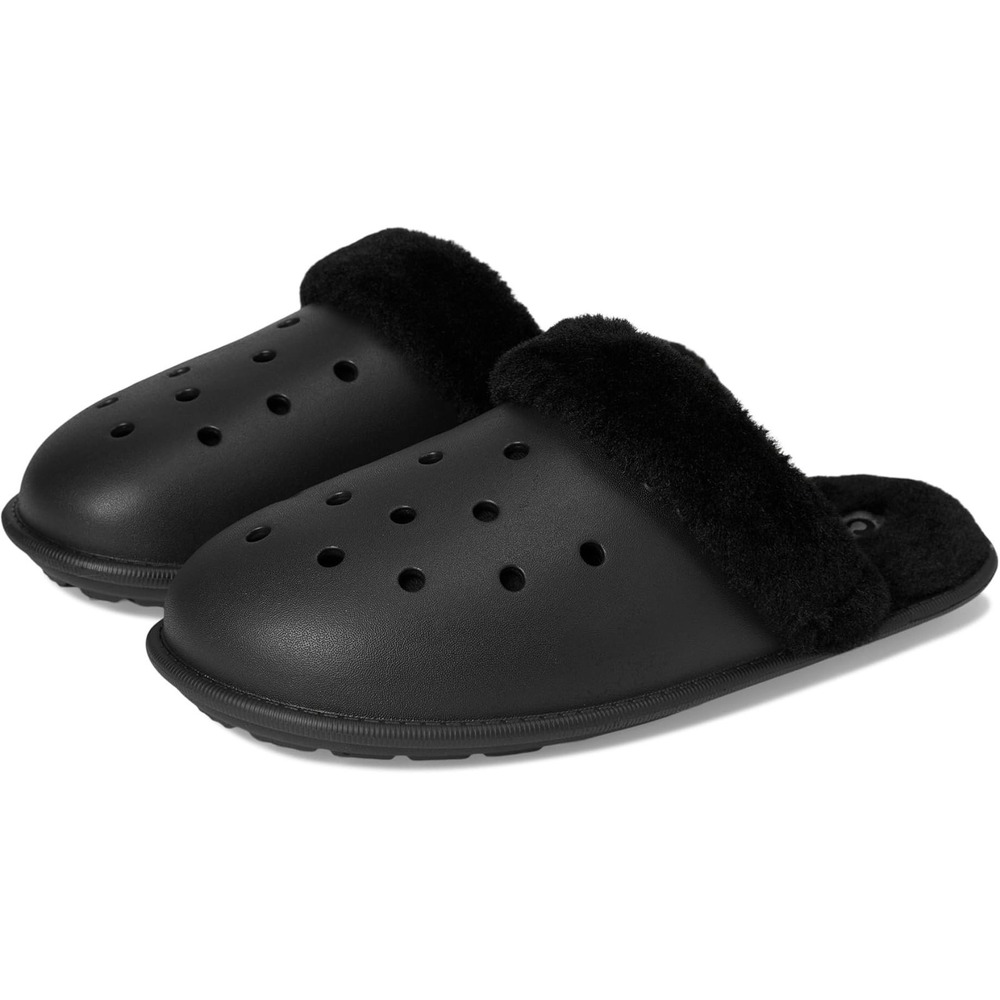 Crocs Classic Fuzz Scuff Slippers M7 W9 Black Faux Fur Lining‎ Croslite NWT
